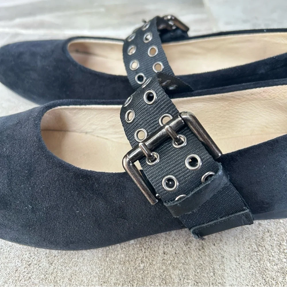 Blublonc Black Velvet Mary Jane Flats, Oversized Strap Detail Size 37 EU/ 6 US